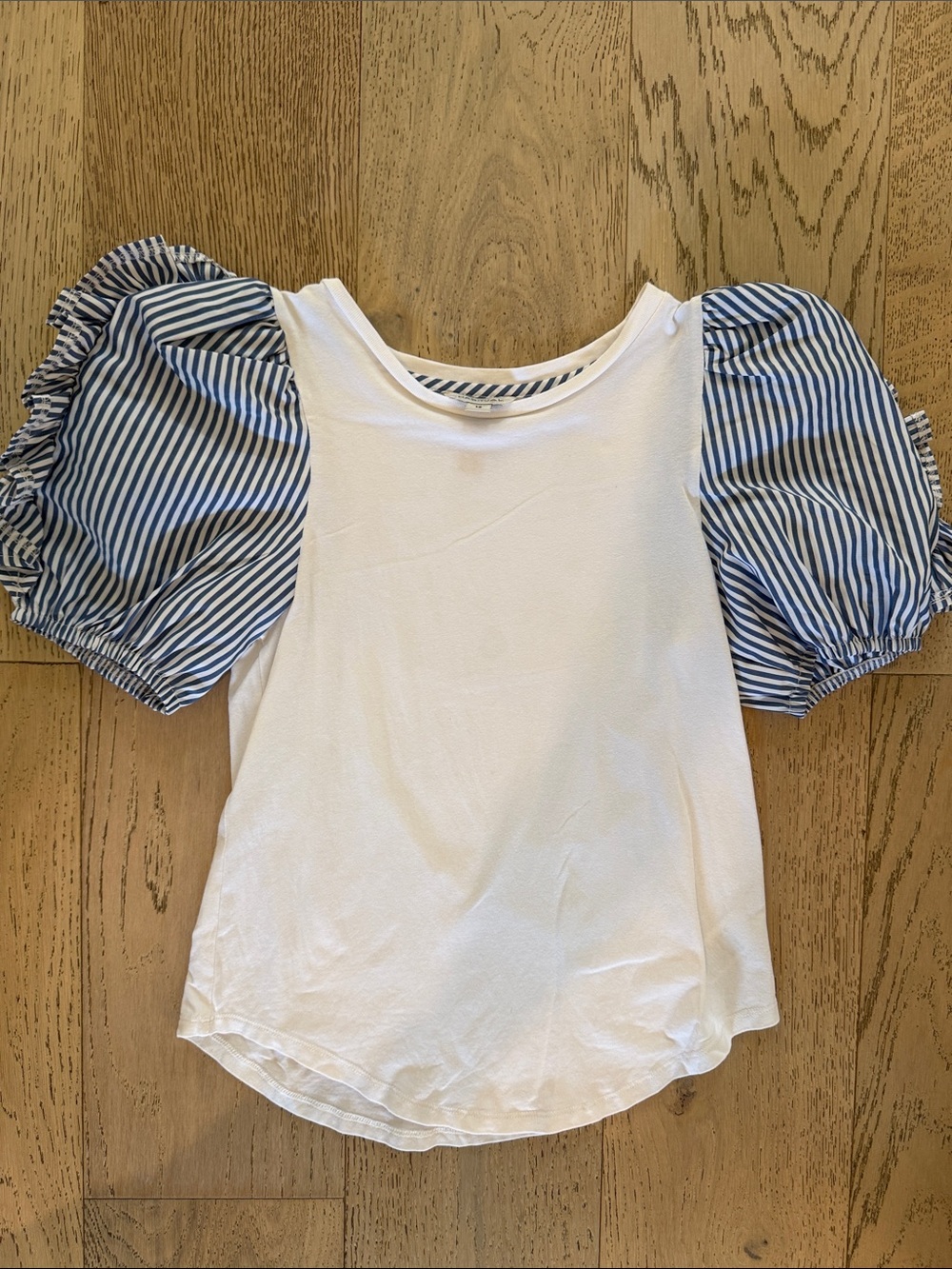 Habitual White Tee with Blue Striped Puff Sleeves - Girls